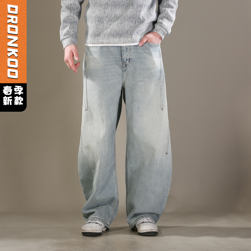 DRONKOO 2026 内抽绳半松紧前长短破骨复古洗水中厚牛仔长裤