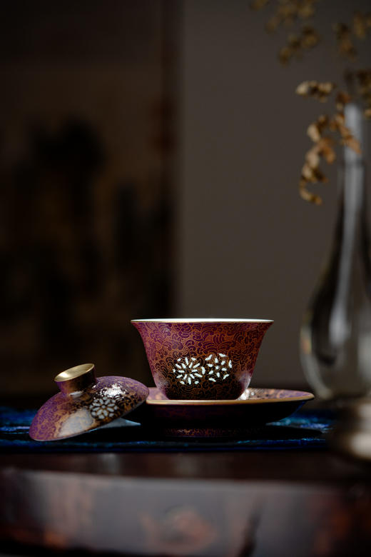 富玉窑  景德镇陶瓷紫金扒花手工盖碗单杯高档家用功夫茶泡茶碗送礼 商品图0