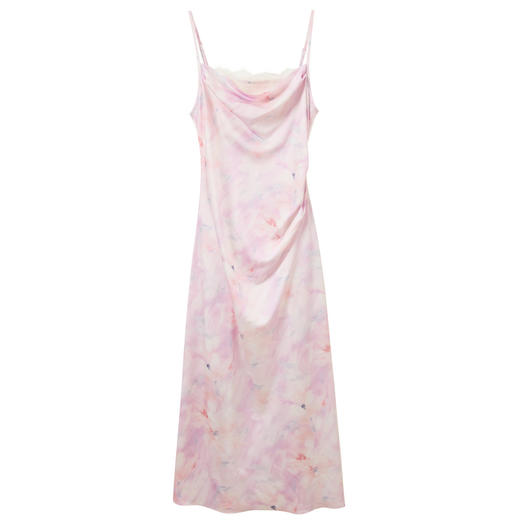 三彩2026春季新款蕾丝一字领缎面吊带裙晕染法式连衣裙长裙浪漫M 商品图4