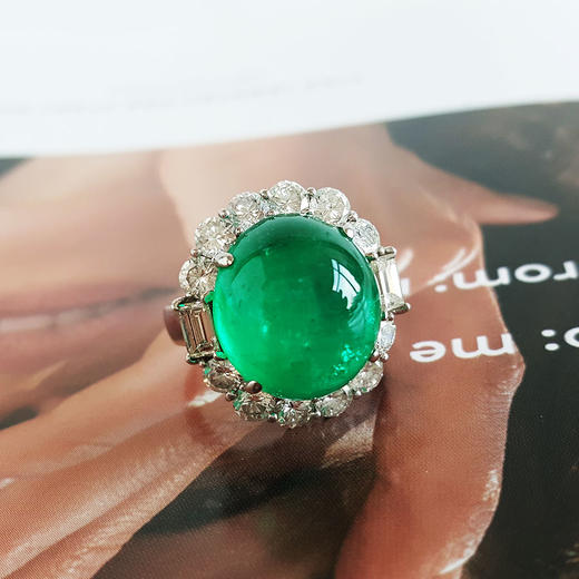 【天然正品】PT900传世级铂金豪镶钻镶天然微油哥伦比亚16.22克拉蛋面木佐绿祖母绿戒指蛋面：15.5*14.0MM（皆取最大值）14号（戒圈可改）190126NJ38 商品图7