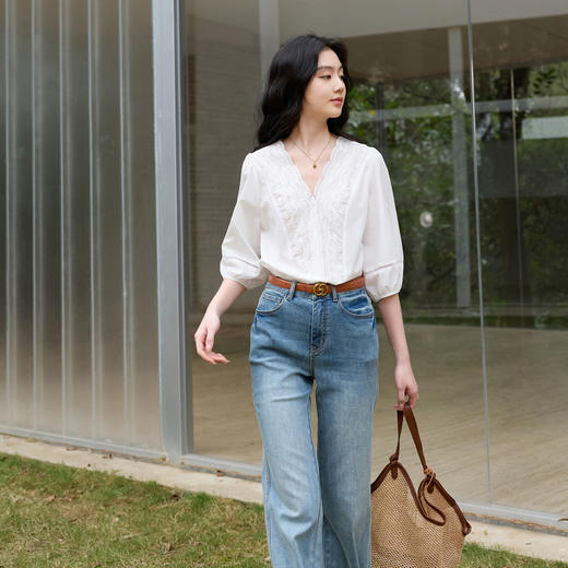 三彩2026春季新款V领灯笼袖法式衬衣宽松套头小衫气质上衣通勤S 商品图1