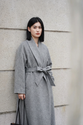 大披肩领超大摆双面手工中腰系带超长款大衣