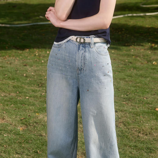 【100棉】三彩独醒2026春季新款复古烫钻牛仔裤宽松直筒裤长裤F 商品图2