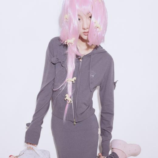 GOODBAI GOODEES 新款趣味猫耳帽蝴蝶结拉链针织衫外套上衣 商品图0