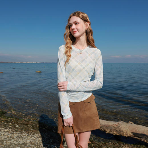 三彩2026春季新款轻薄网纱格纹皮肤衣修身圆领收腰打底衫叠穿女M 商品图2