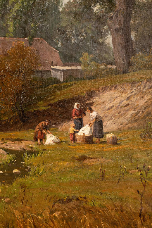 独角鹿西洋古董19世纪德国画家Fritz Daegling签名出品大型风景主题布面油画《人物与动物山水》 商品图10