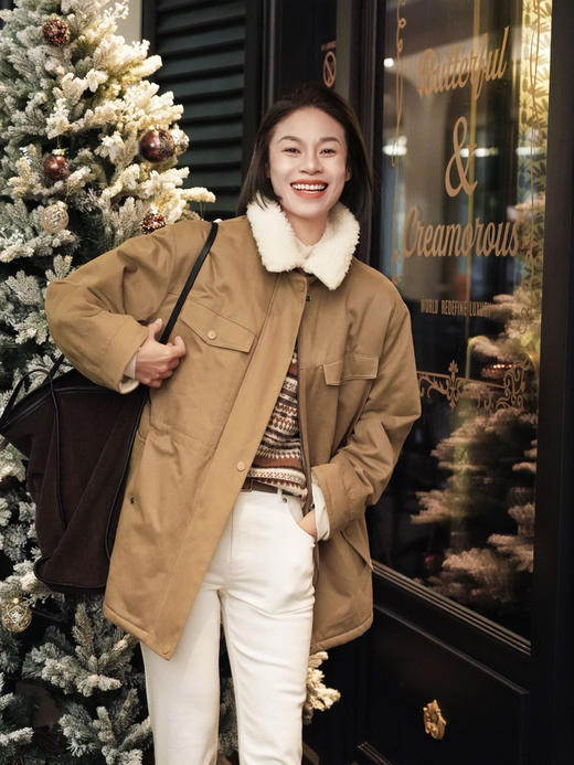 小禾超火洋气巴恩风羊羔毛领全棉斜纹派克棉服 商品图1