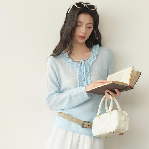 【严选】诗凡黎浪漫木耳边绑带V领针织衫2026春新款宽松微透气质长袖上衣7H2230411 商品图4