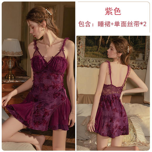 【YW】无忧购网纱植绒拼接性感收腰绑带蝴蝶印花可拆胸垫睡裙家居套装6038（截单后3-5天发货) 商品图6