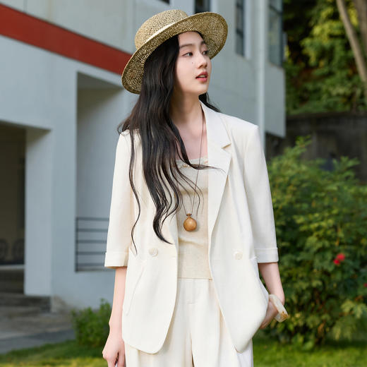 【亚麻】三彩2026春季新款休闲西装外套七分袖小西服宽松气质S 商品图2