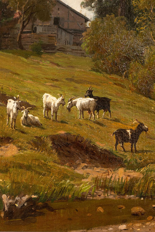 独角鹿西洋古董19世纪德国画家Fritz Daegling签名出品大型风景主题布面油画《人物与动物山水》 商品图9