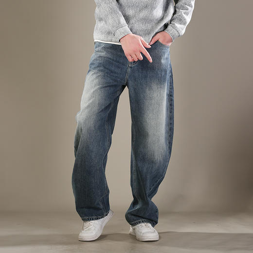 DRONKOO 2026 内蓝色抽绳金属夹标半松紧复古洗水中厚牛仔长裤 商品图1