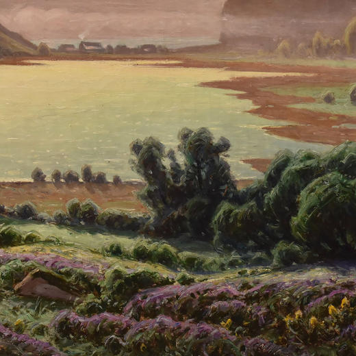 独角鹿西洋古董19世纪晚期法国自然主义画家 William Didier-Pouget 出品《尚布利湖清晨风景》主题油画 商品图4