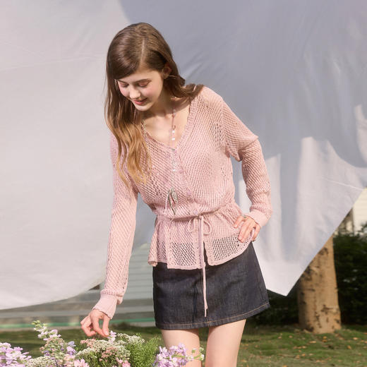 【呼吸麻】三彩独醒2026春季新款镂空毛衣V领毛衫系带长袖开衫F 商品图1