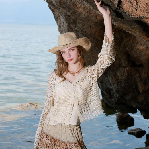 【100棉】三彩2026春季新款V领镂空罩衫针织衫宽松波西米亚开衫M 商品图2