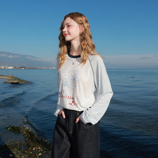 【莱赛尔】三彩2026春季新款休闲宽松T恤条纹插肩袖印花套头衫M 商品图3