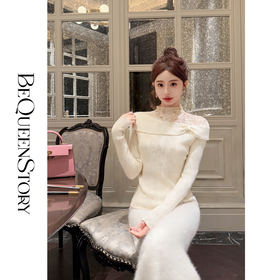 【孤品样衣，不退不换】  【桃香蜜语】时尚百搭设计感100羊毛蕾丝拼接修身针织衫