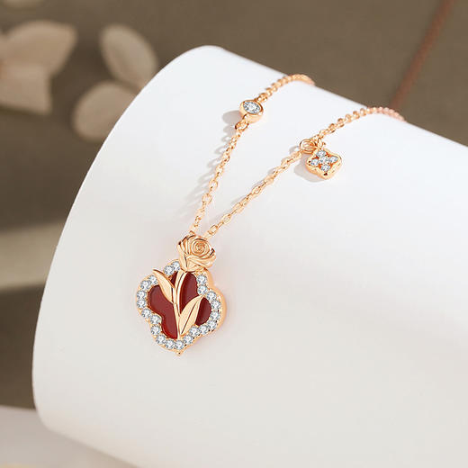 【幸运玫瑰】纯银四叶草玫瑰花红玛瑙项链【JHY-N001085M】 商品图1