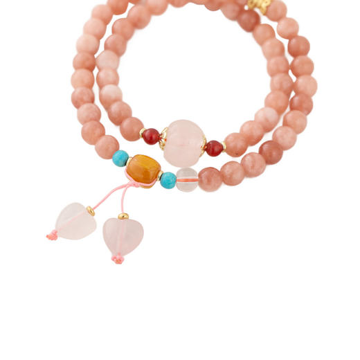 三彩2026新款粉晶太阳石双圈串珠手串国风爱心吊坠通勤出游撞色女 商品图2