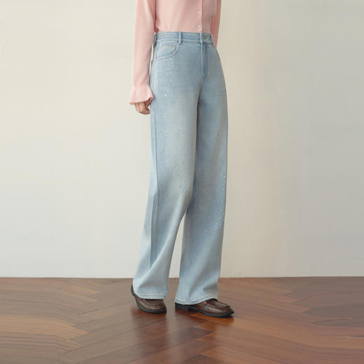 【严选】诗凡黎四面弹经典直筒牛仔裤2026春新款浅蓝烫银工艺高腰显瘦长裤7H2250161 商品图2