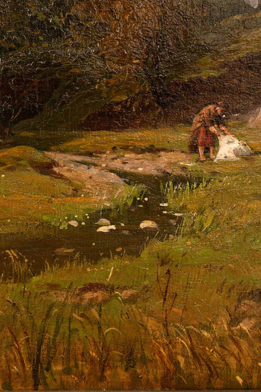 独角鹿西洋古董19世纪德国画家Fritz Daegling签名出品大型风景主题布面油画《人物与动物山水》 商品图6