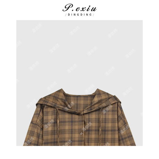 04-6潘依绣丁丁宠粉韩系简约格子下摆抽绳连帽衬衣 W-62522 商品图2