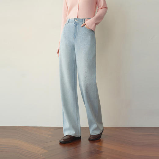 【严选】诗凡黎四面弹经典直筒牛仔裤2026春新款浅蓝烫银工艺高腰显瘦长裤7H2250161 商品图0