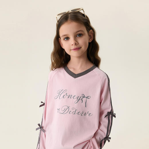 马克珍妮甜酷少女女童V领纯棉T恤2026年春装新款560161 商品图2