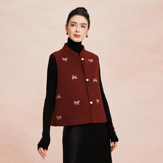 RE410斯尔丽26春季新款绵羊毛金丝刺绣款新中式韵味双面手工马夹 商品图0