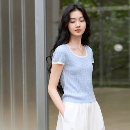 三彩2026春季新款绞花肌理圆领针织衫短袖毛衫短款套头上衣S 商品图1