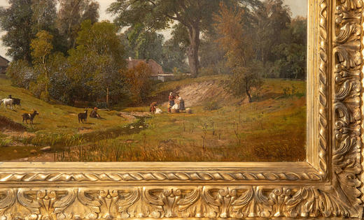 独角鹿西洋古董19世纪德国画家Fritz Daegling签名出品大型风景主题布面油画《人物与动物山水》 商品图7