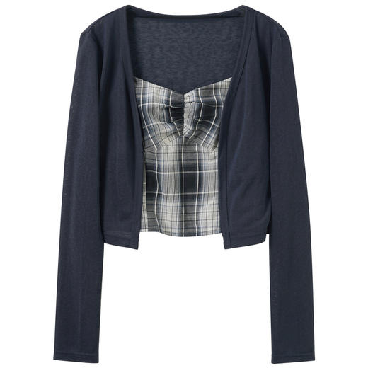 【莱赛尔】三彩2026春季新款开衫两件套长袖上衣格纹吊带套装M 商品图4