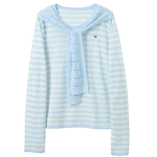 三彩2026春季新款镂空披肩式条纹针织衫宽松长袖休闲上衣套头衫M 商品图4