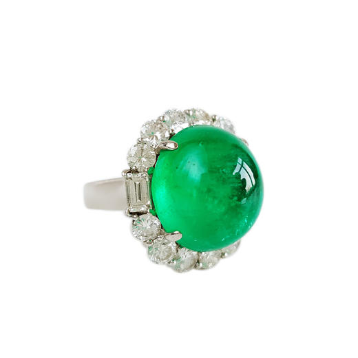 【天然正品】PT900传世级铂金豪镶钻镶天然微油哥伦比亚16.22克拉蛋面木佐绿祖母绿戒指蛋面：15.5*14.0MM（皆取最大值）14号（戒圈可改）190126NJ38 商品图0