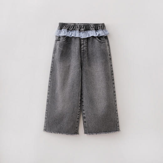 马克珍妮格纹花边女童纯棉牛仔阔腿裤2026年春装新款560205 商品图4