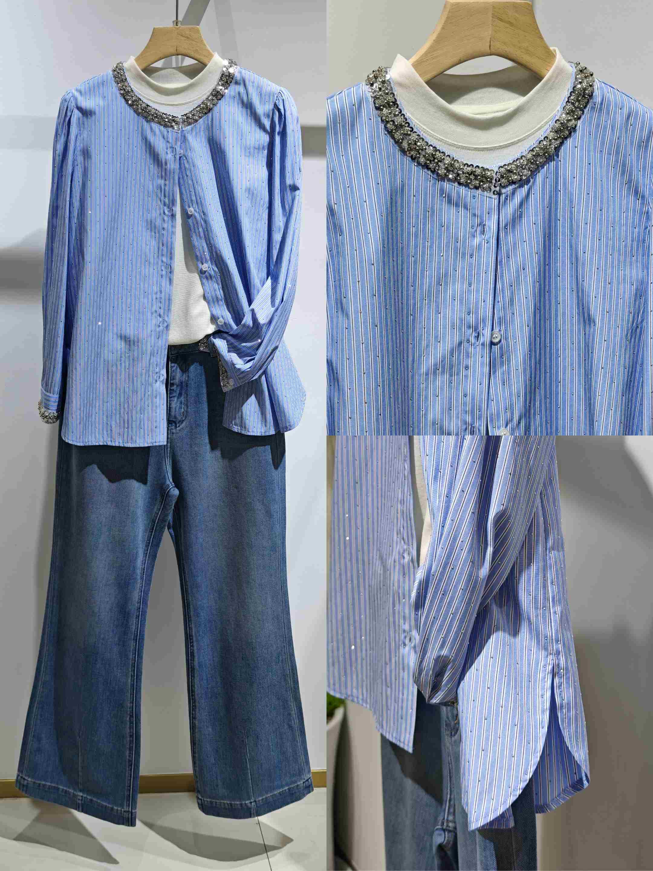 581055条纹亮片圆领衬衫