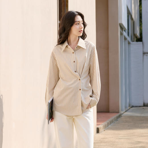 三彩2026春季新款翻领条纹衬衣宽松中长衬衫小衫气质上衣通勤S 商品图1