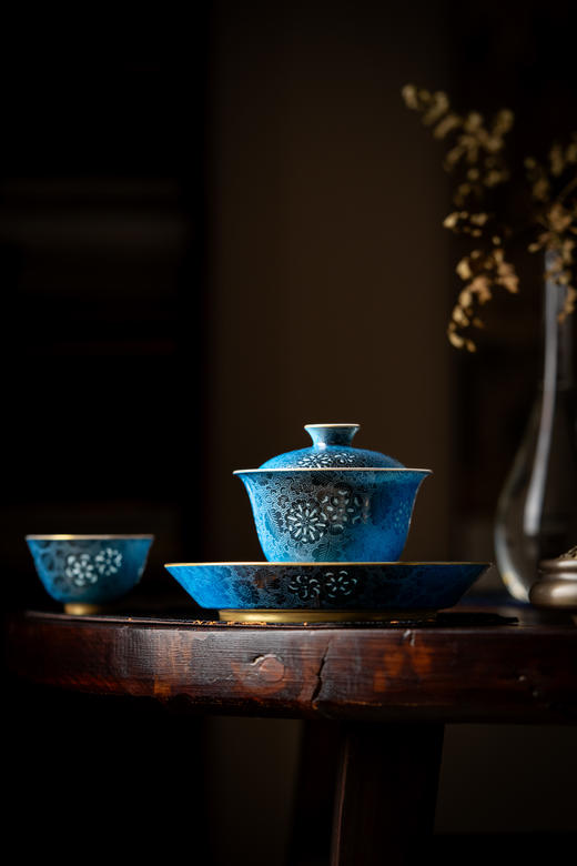 富玉窑 景德镇手工扒花描金 功夫茶具主人杯幽谷听泉万花纹盖碗茶具 商品图1