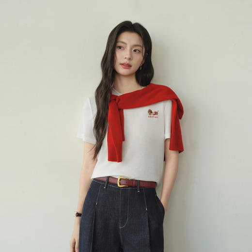 【严选】【奶皮T】诗凡黎天丝羊毛萌宠刺绣T恤2026春新款亲肤柔软内搭短袖7H1400251 商品图3