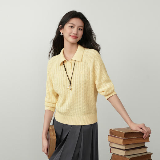 【严选】诗凡黎复古Polo领绞花针织衫2026春季新款气质麻花软糯长袖上衣女7H2230551 商品图0