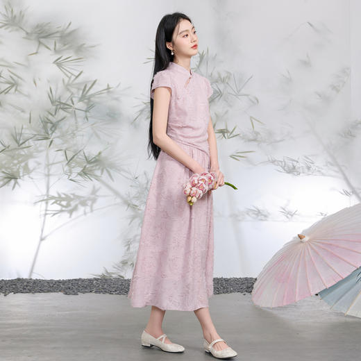 三彩【不染烟霞】2026春季新款剪花连衣裙短袖立领A字裙长裙C 商品图1