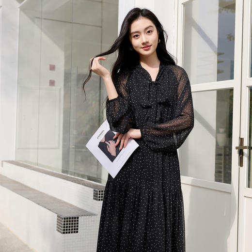 三彩2026春季新款法式飘带V领印花雪纺裙A字裙连衣裙浪漫长裙S 商品图1