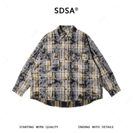 SDSA男装2026新款高贵轻奢美式复古扎染撞色格纹格子长袖衬衫百搭 商品图0