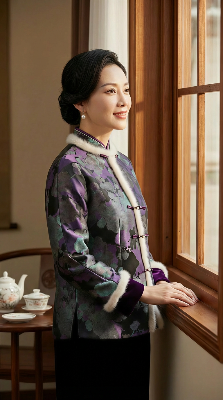 HN 新中式轻奢袖撞色夹棉水貂毛外套