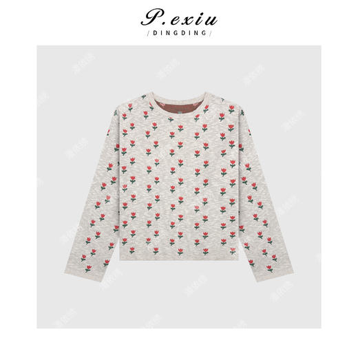 04-2潘依绣丁丁宠粉韩系小红花套头圆领长袖上衣Q14450 商品图0
