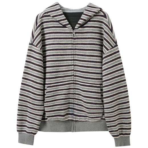 三彩2026春季新款连帽拉链条纹外套松弛开衫宽松休闲落肩袖M 商品图4