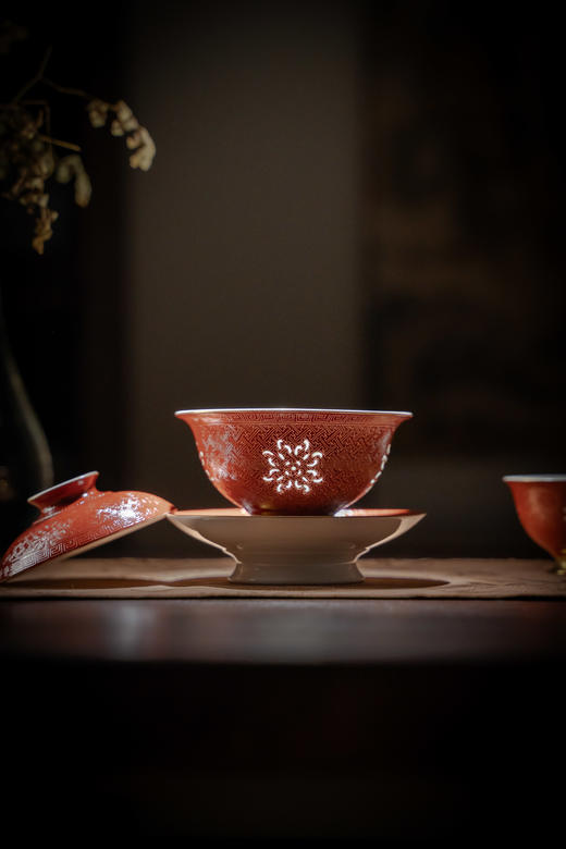 富玉窑  景德镇手工扒花宫红盖碗5头茶具 商品图1