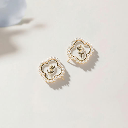 三彩2026新款画漆立体郁金香耳钉s925银针法式复古小香风珍珠女 商品图3