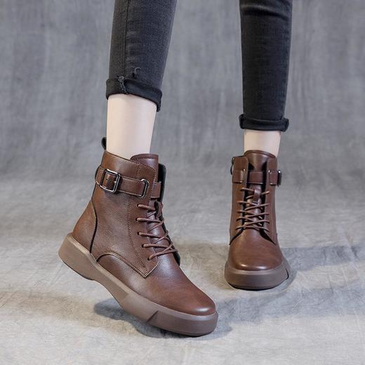 秋冬大码真皮马丁靴女加绒保暖软底小短靴复古内增高平底靴子 商品图2