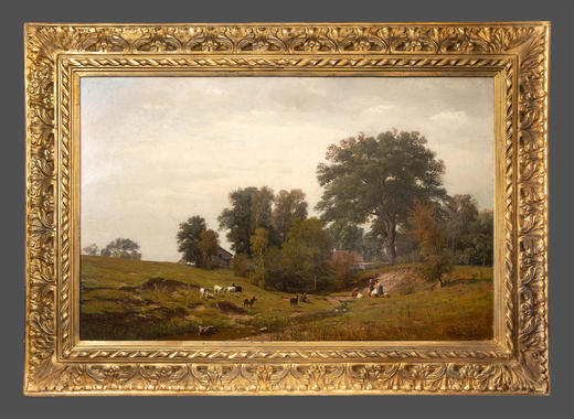 独角鹿西洋古董19世纪德国画家Fritz Daegling签名出品大型风景主题布面油画《人物与动物山水》 商品图1